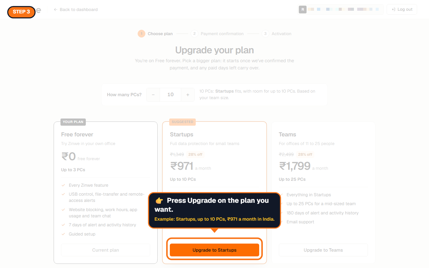 The Upgrade to Startups button highlighted