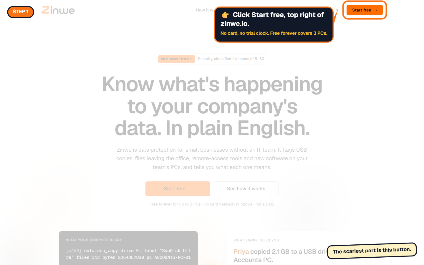The Start free button at the top right of zinwe.io