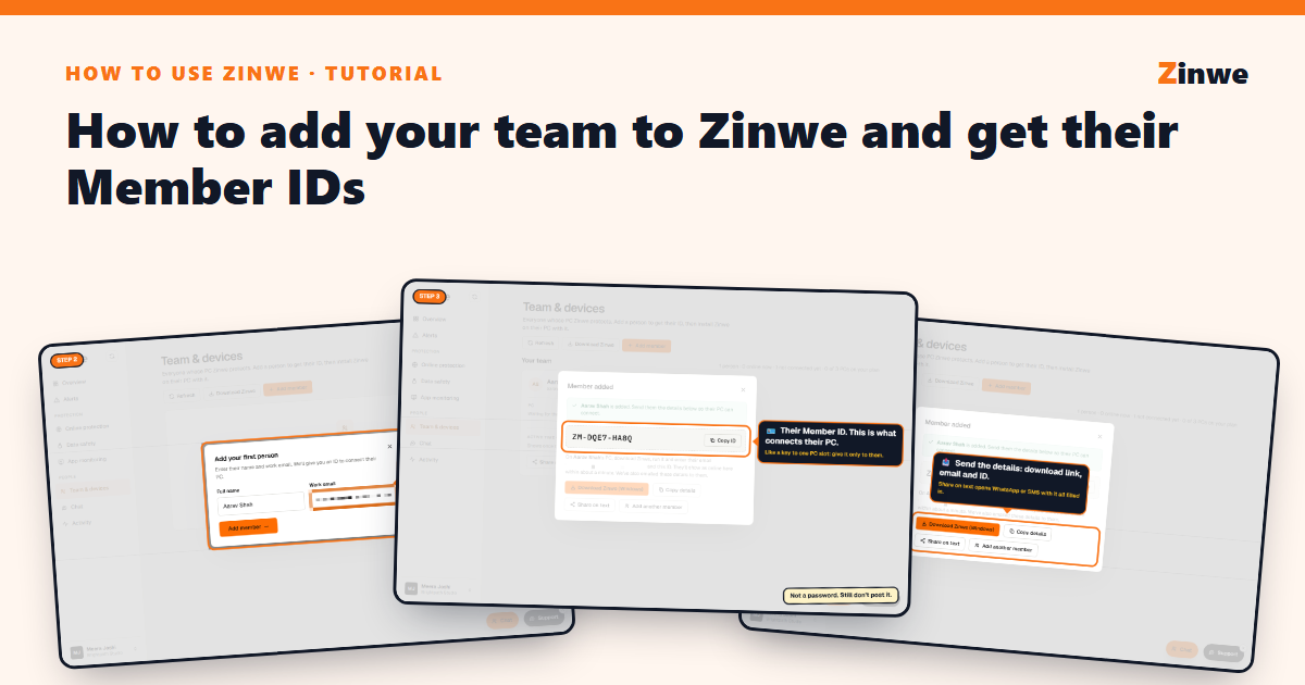 Three screens from adding a team member in Zinwe: the Add member form, the Member ID and the share buttons.