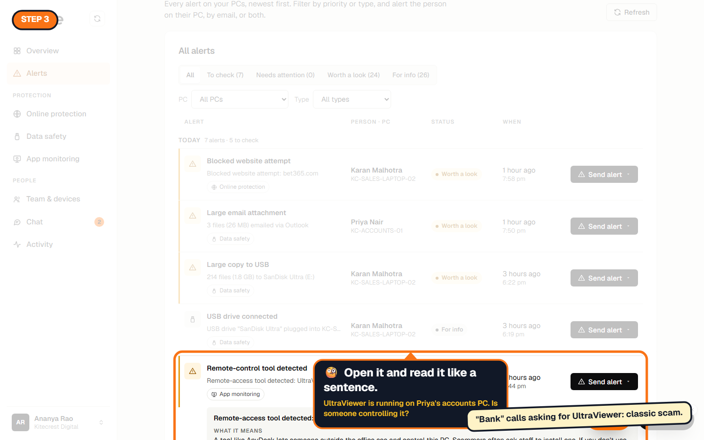 An open alert: Remote-control tool detected on Priya's PC