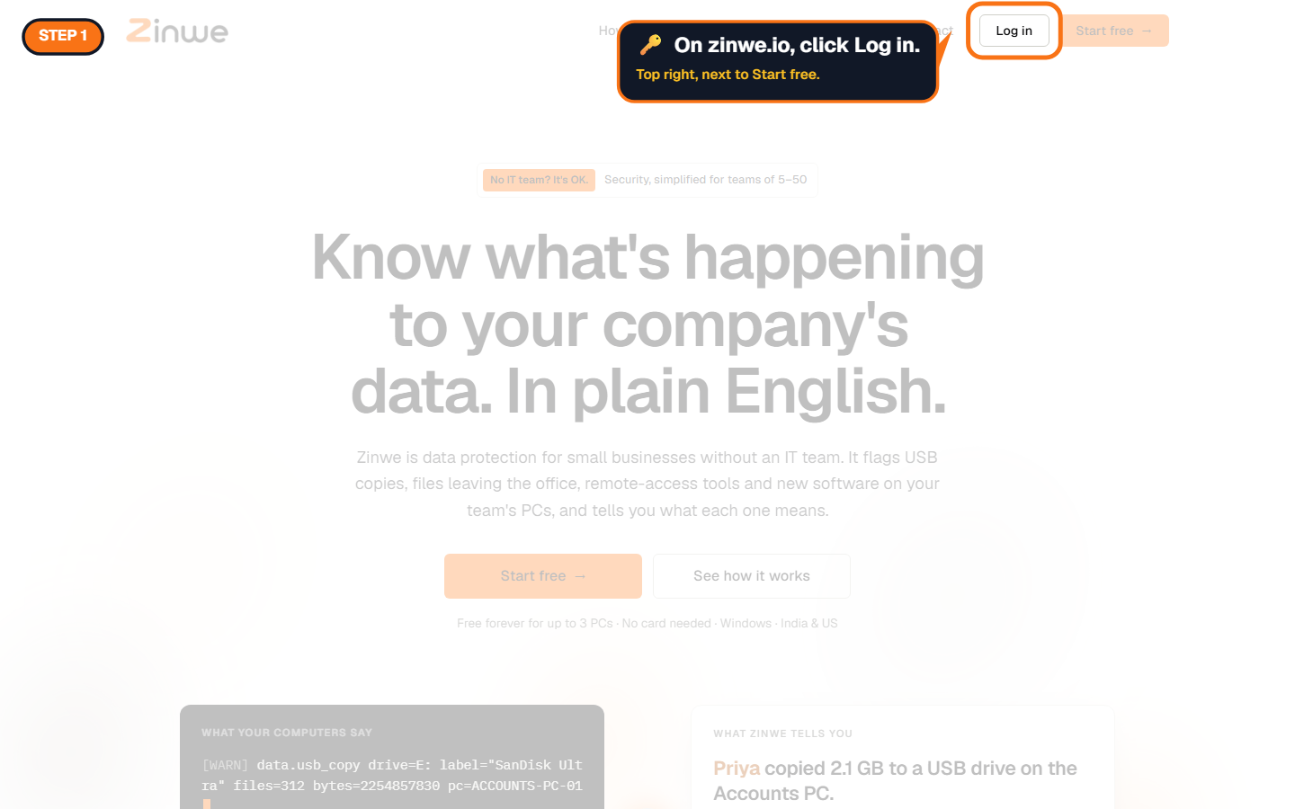 The Log in button at the top right of zinwe.io