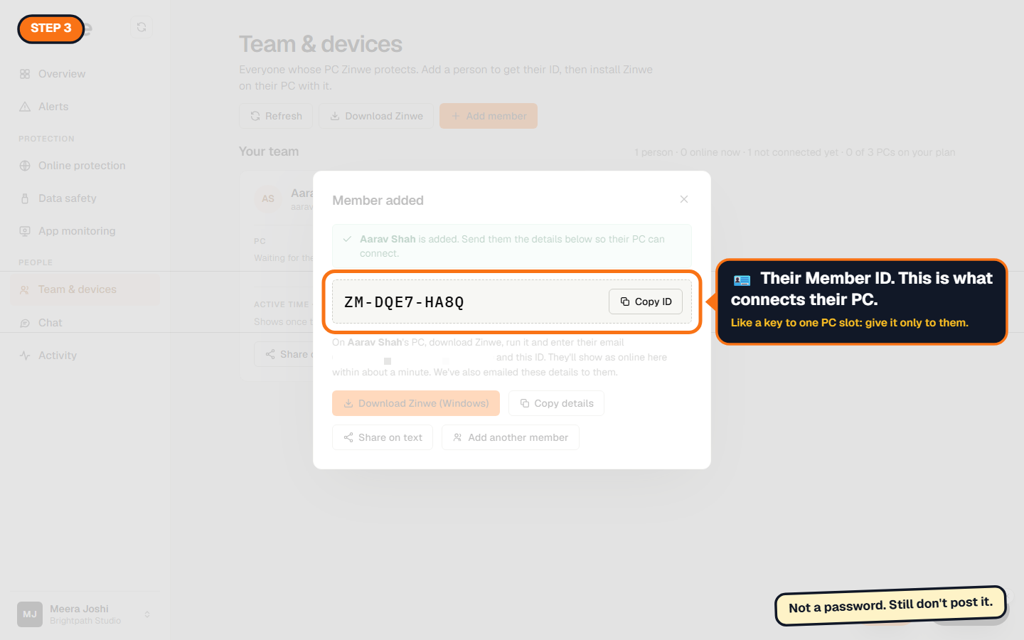 The Member added panel showing the new Member ID