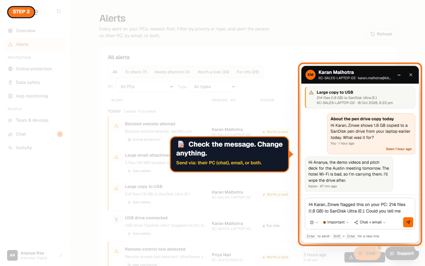 The chat window with the alert and the drafted note