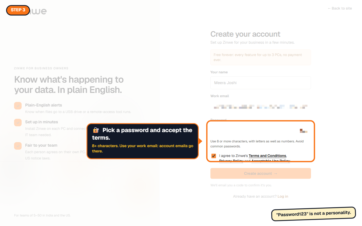 The sign-up form filled in, with the password and email hidden