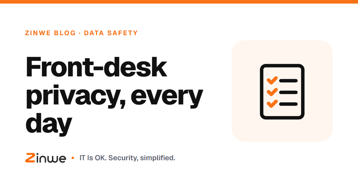 Banner reading 'Front-desk privacy, every day' with a checklist