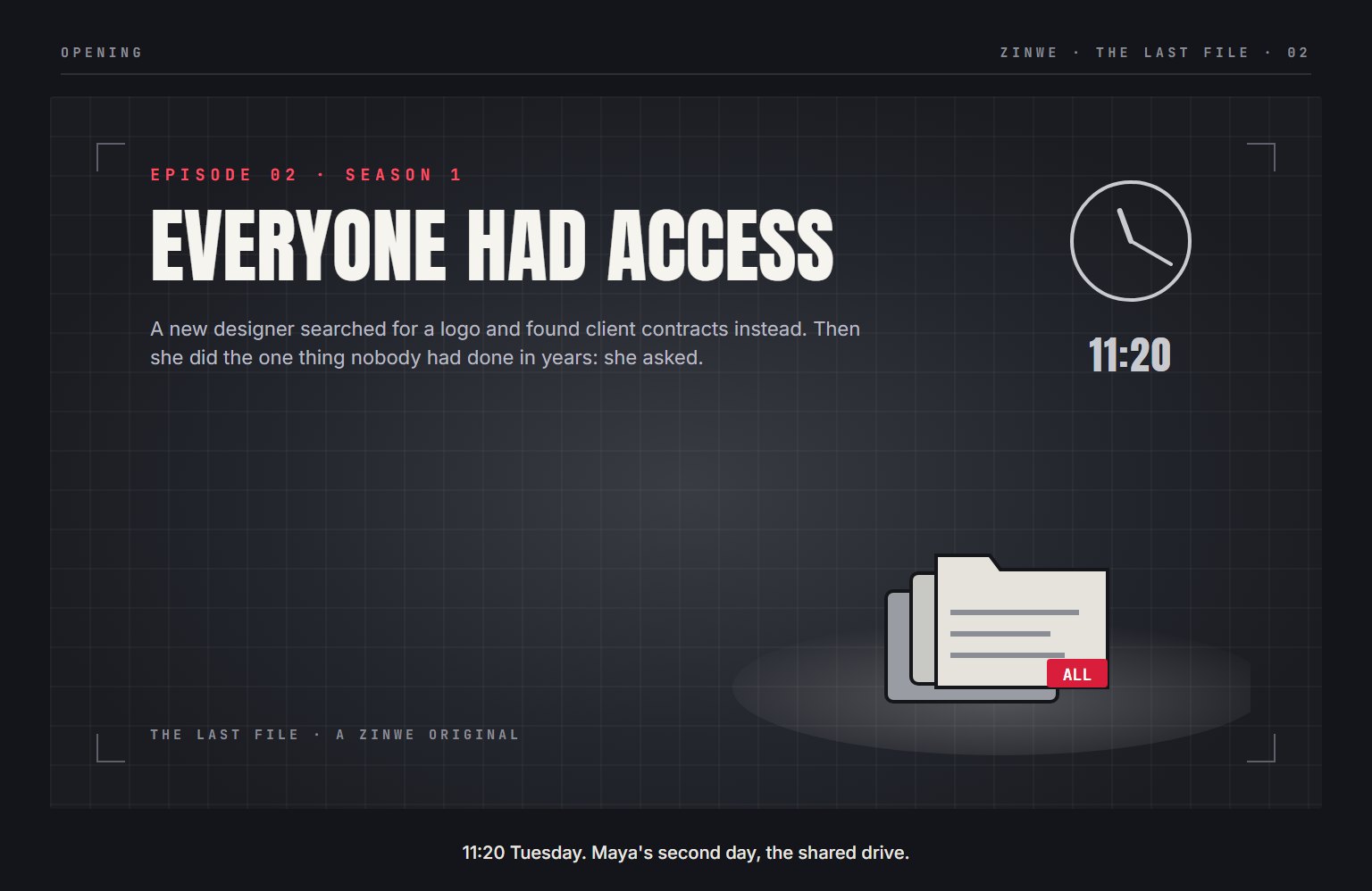 The Last File, episode 2: Everyone Had Access. 11:20 Tuesday. Maya's second day, the shared drive.