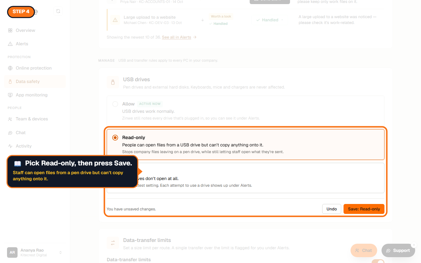 Read-only selected with the Save button highlighted