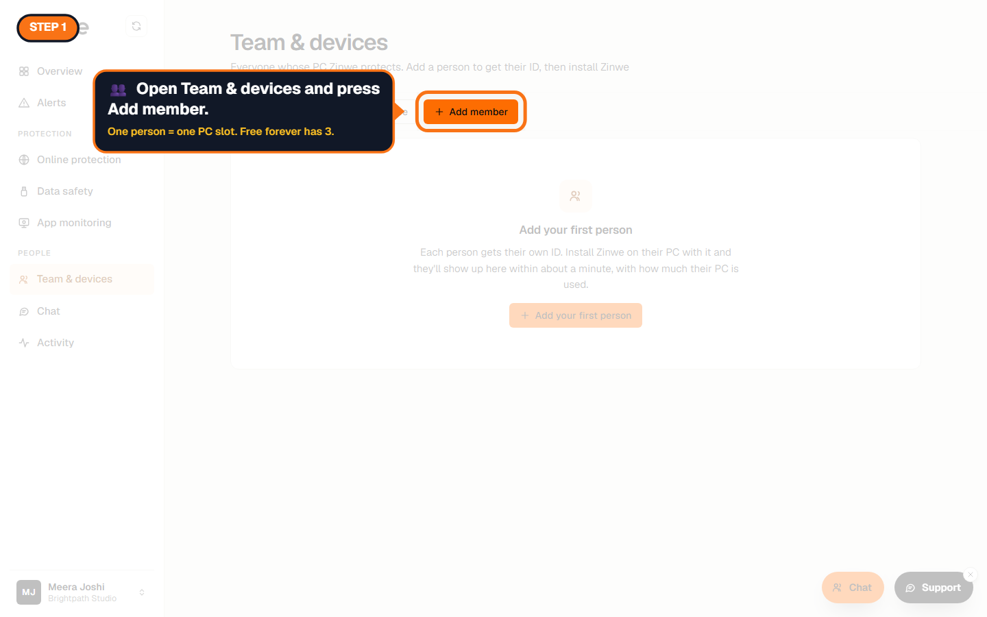 The Team and devices page with the Add member button highlighted