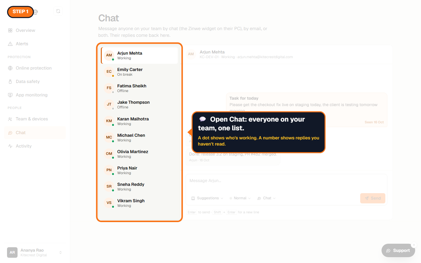 The Chat list of team members