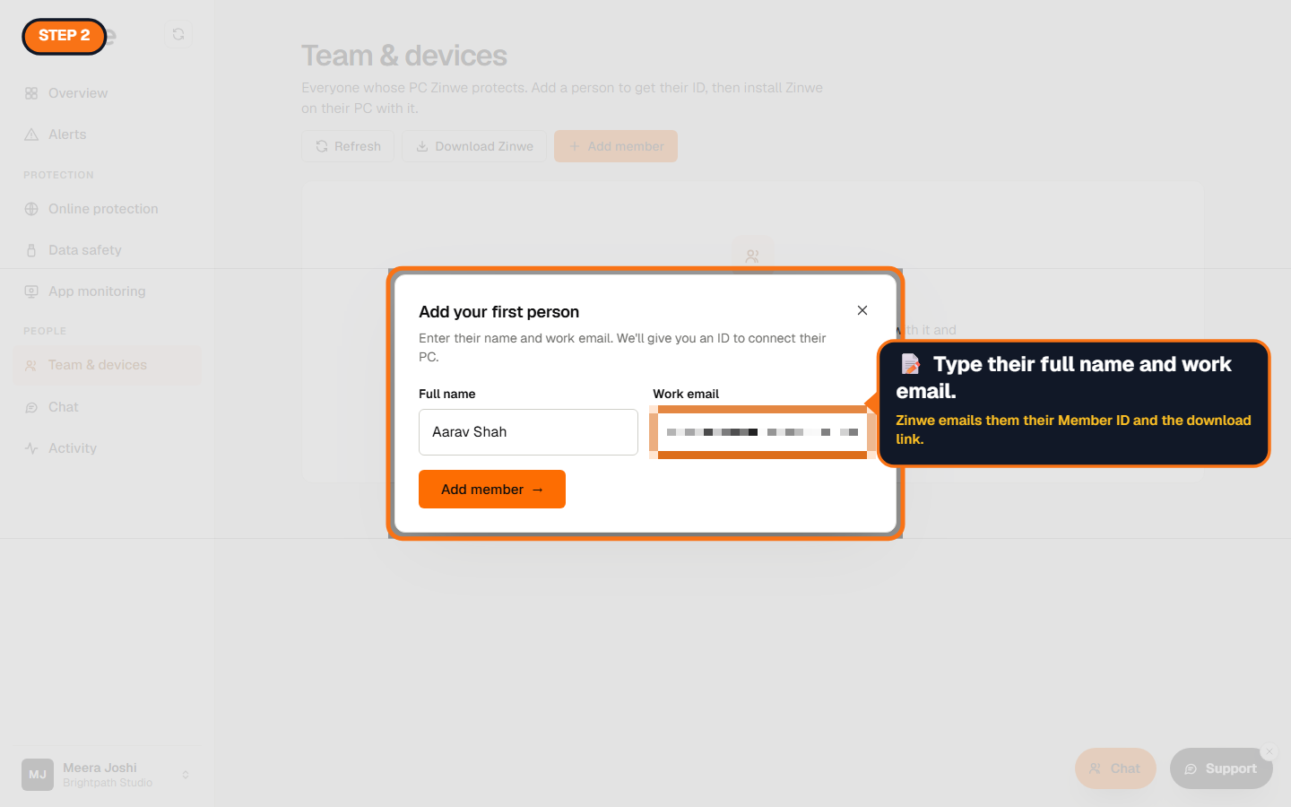 The Add member form with full name and work email