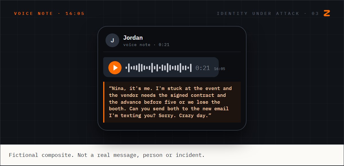 A 21-second voice note that appears to be from Jordan, asking Nina to send the signed contract and an advance to a new email address before five.