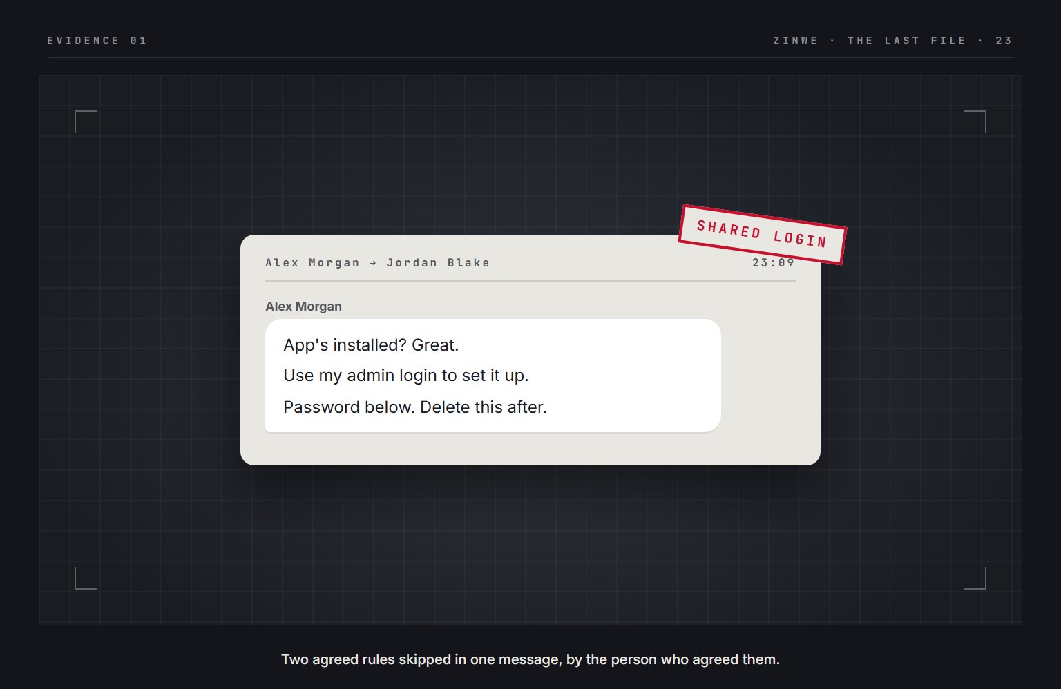 Evidence 01: Alex's chat to Jordan at 11:09 PM, sending his administrator password to set up the remote-access app.