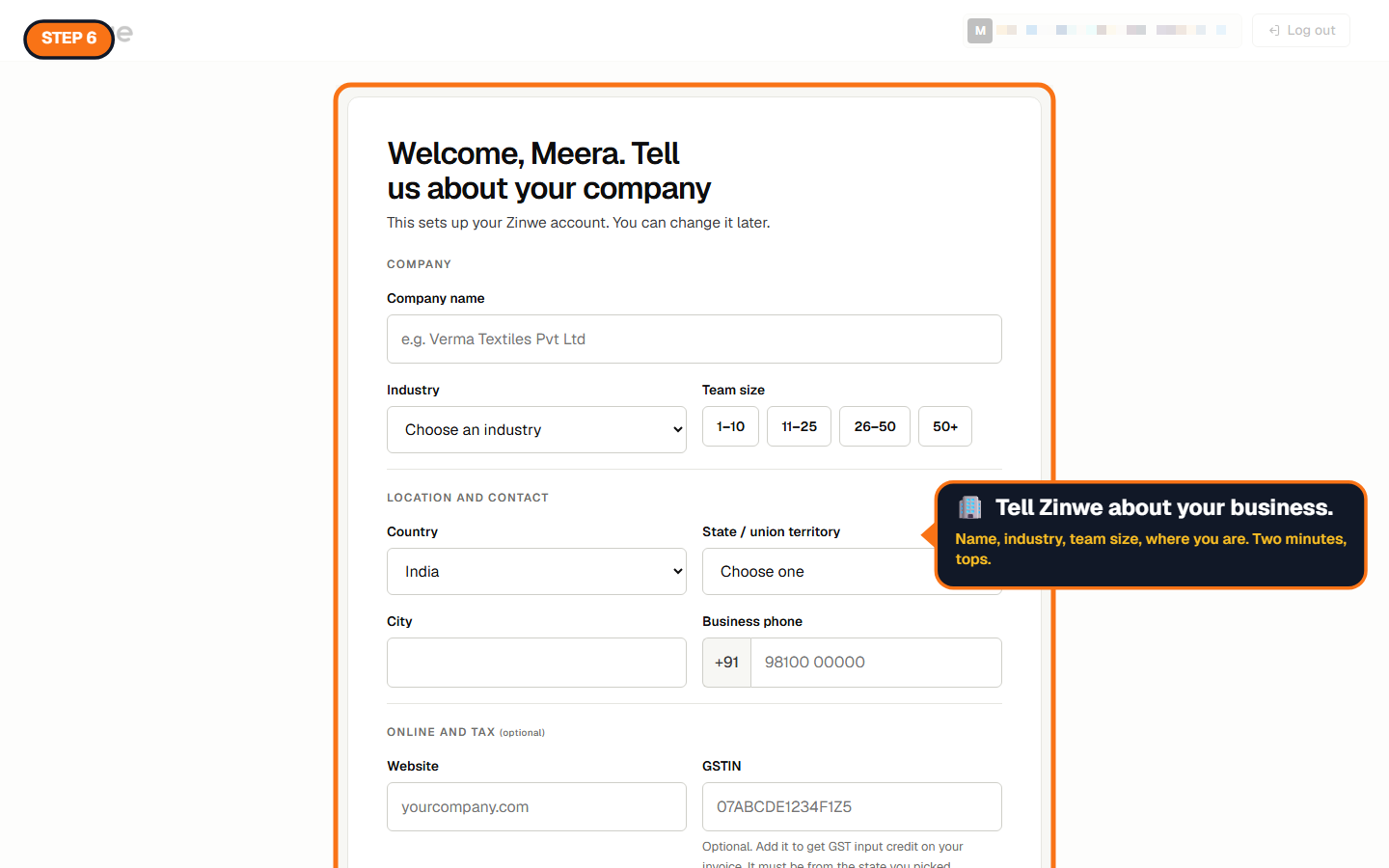 The company details form: name, industry, team size, location and phone