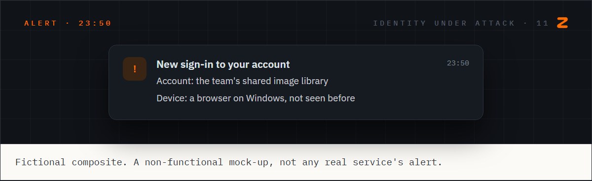 A new sign-in alert for the team's shared image-library account at 11:50 PM, from a Windows browser not seen before.