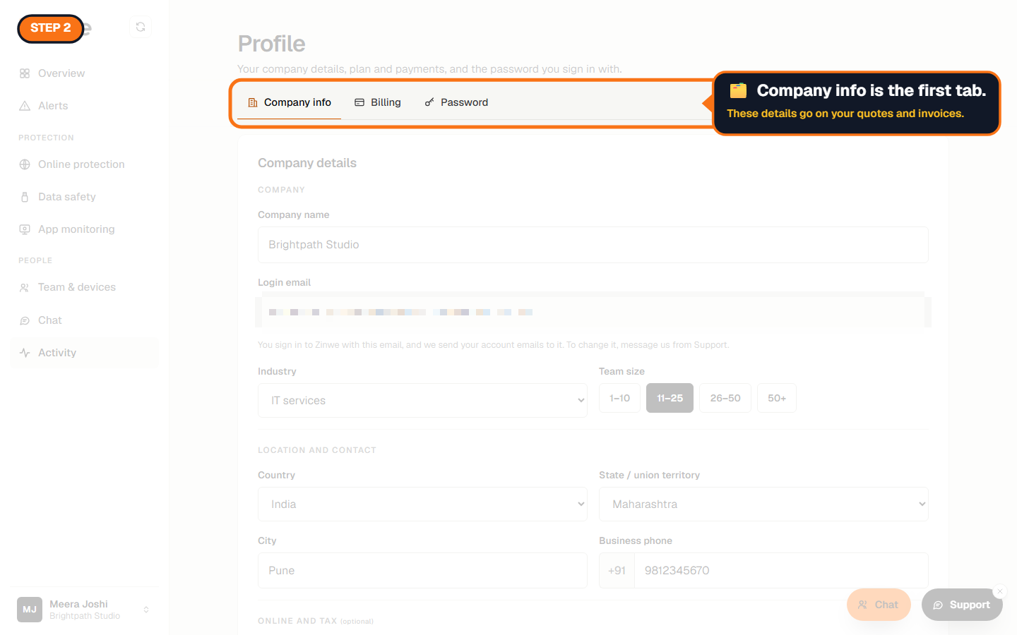 The Profile page with the Company info, Billing and Password tabs