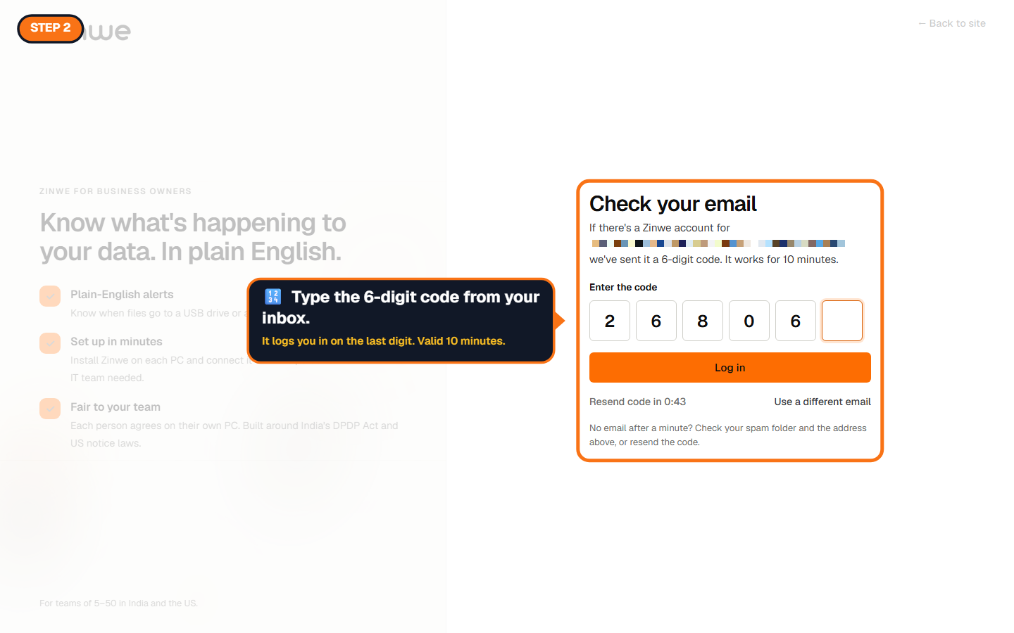 The code boxes on the log in screen with five digits typed