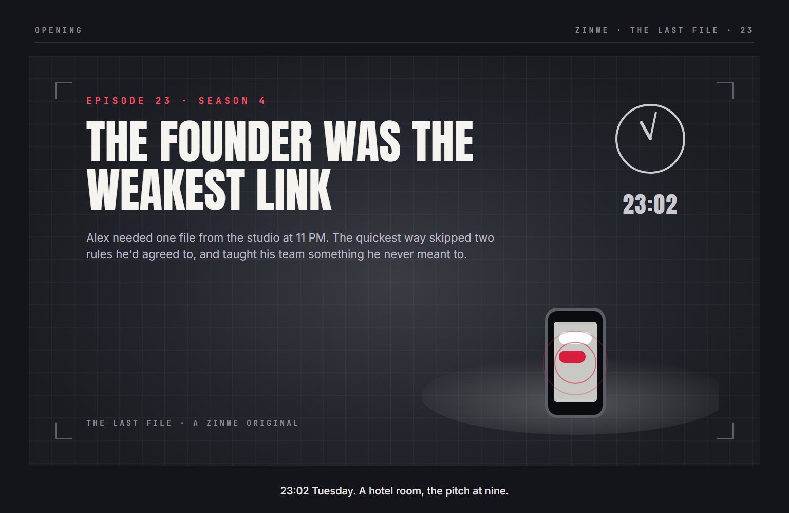 The Last File, episode 23: The Founder Was the Weakest Link. 23:02 Tuesday. A hotel room, the pitch at nine.