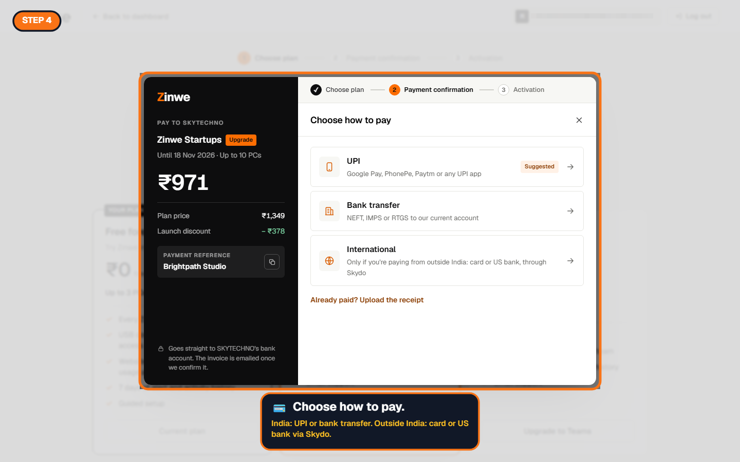 The checkout with UPI, Bank transfer and International options