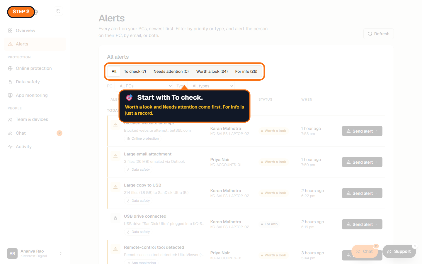 The All, To check, Needs attention, Worth a look and For info filters