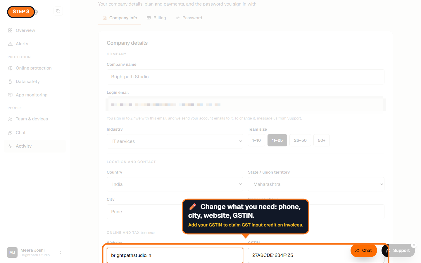 The website and GSTIN fields being edited