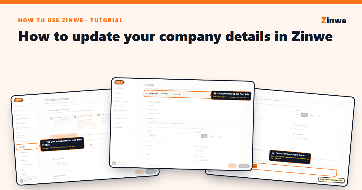 Three screens from the Zinwe Profile page: opening Profile, the Company info tab and saving changes.