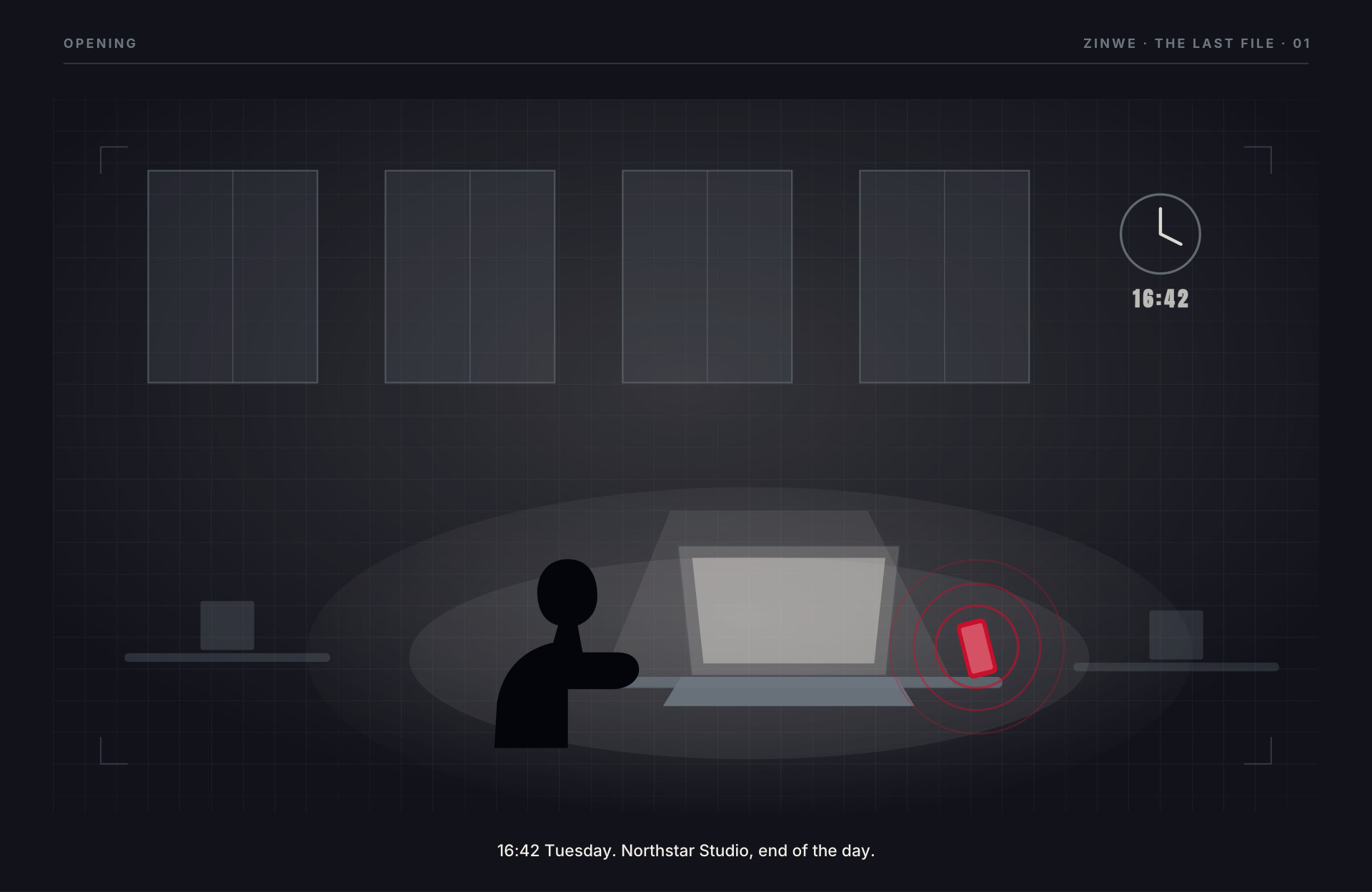 4:42 PM at Northstar Studio: a phone lights up beside an open laptop at the end of the day.