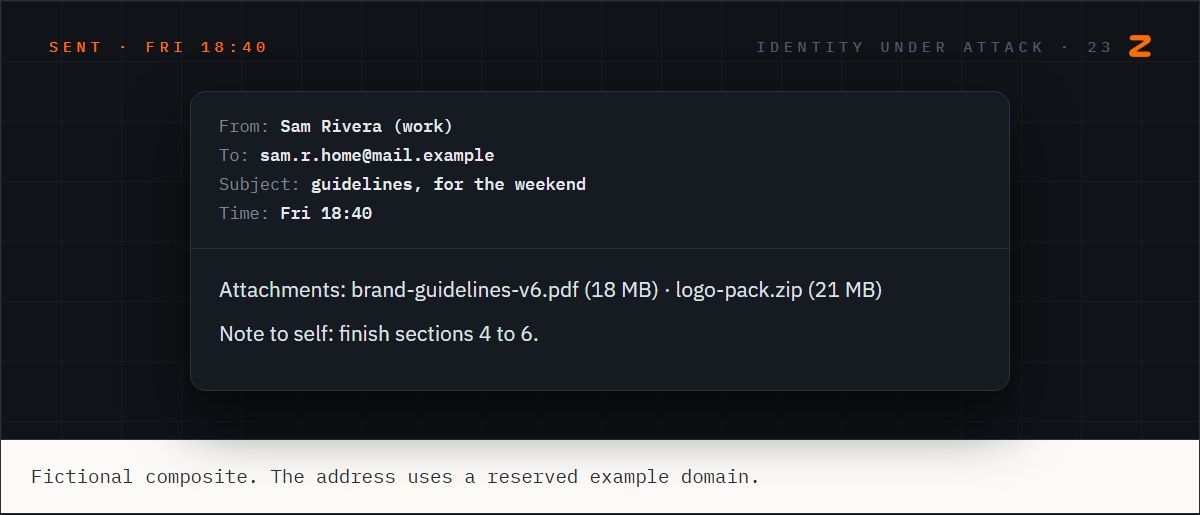 An email Sam sent from work to a personal address on Friday evening, attaching the brand guidelines and logo pack to finish at the weekend.