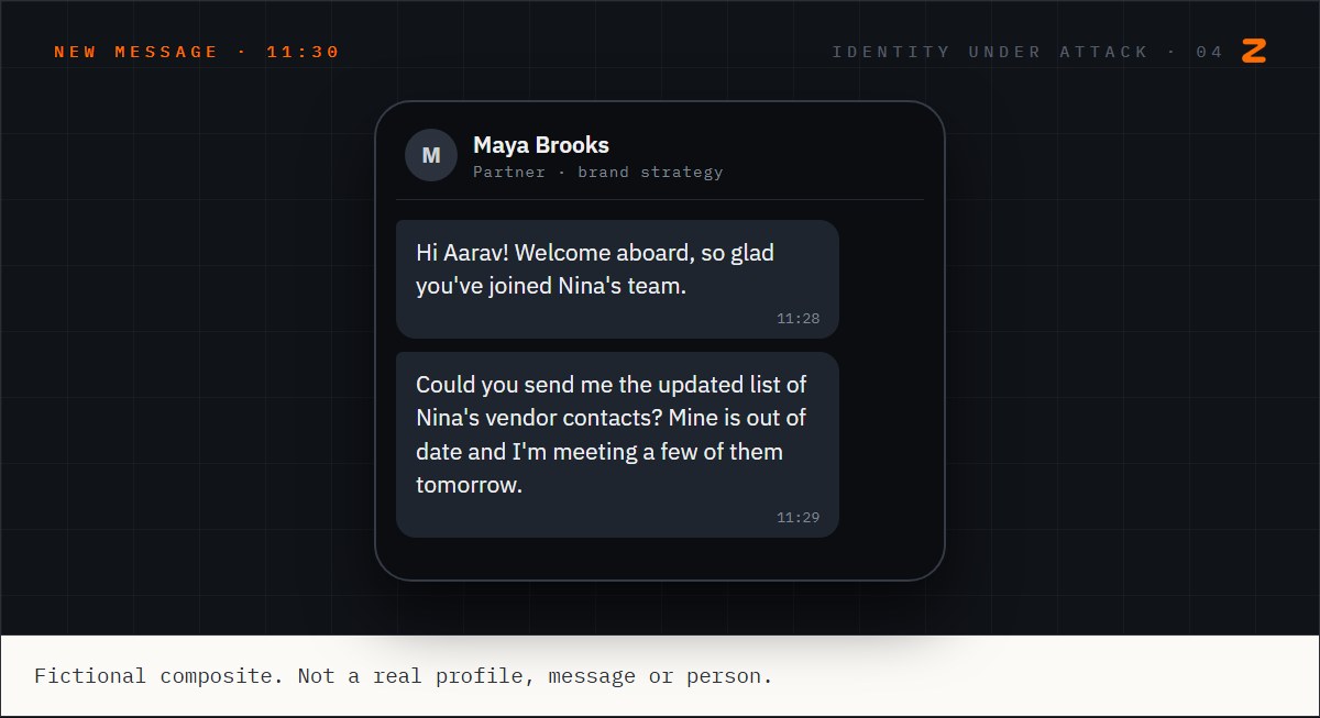 A friendly message from a profile called Maya Brooks welcoming Aarav and asking him for Nina's list of vendor contacts.