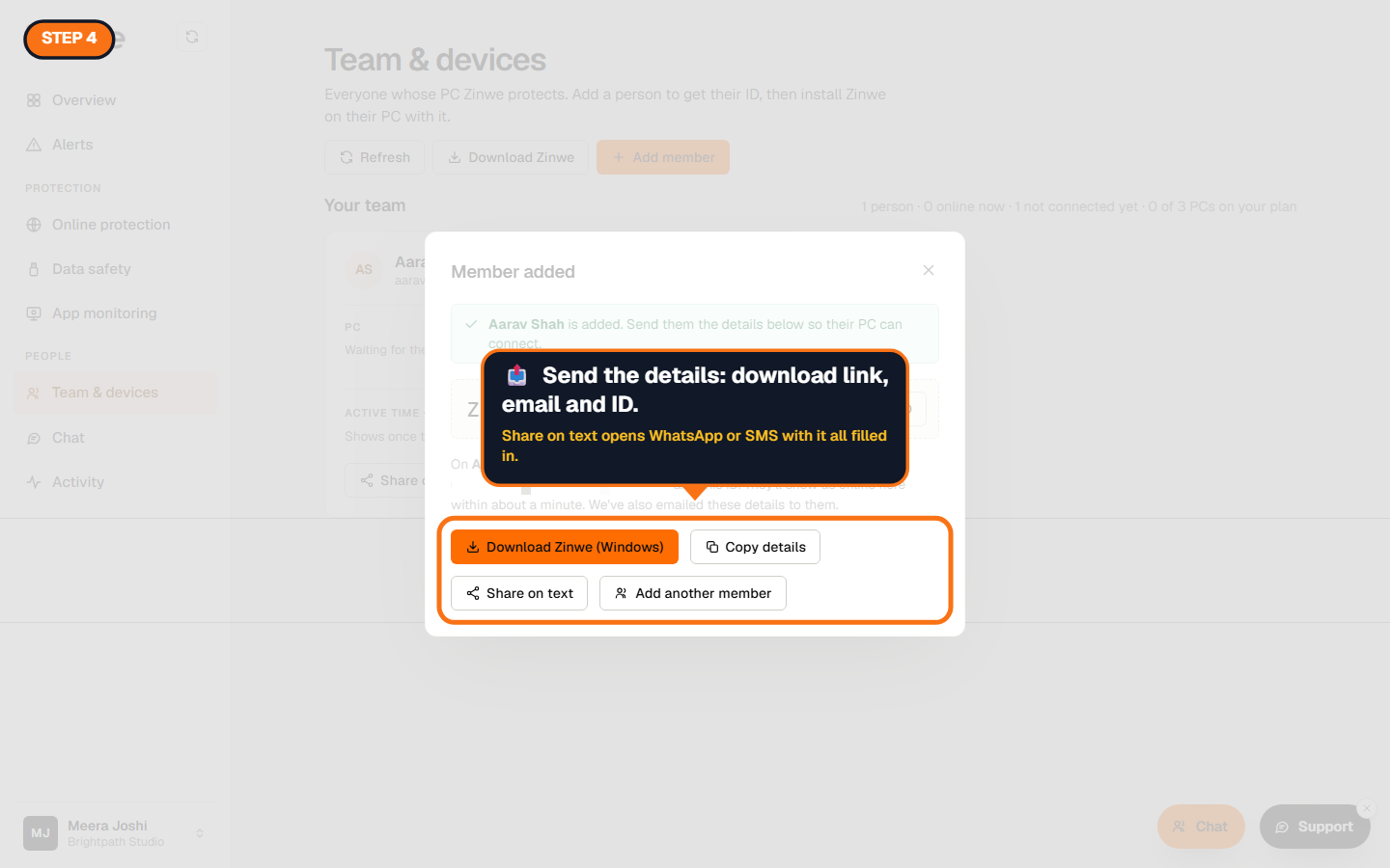The Download, Copy details and Share on text buttons
