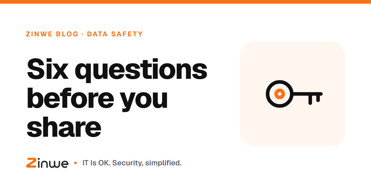 Banner reading 'Six questions before you share' with a key